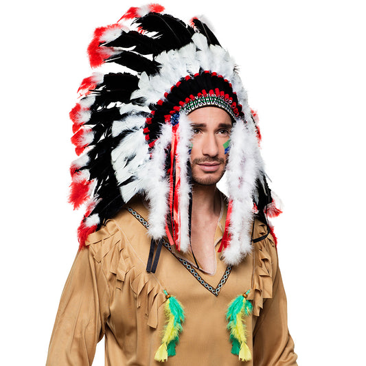 Coiffe Amérindienne Luxe - Plumes Rouges Blanches Noires
