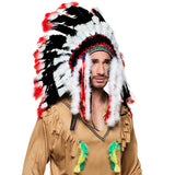 Coiffe Amérindienne Luxe - Plumes Rouges Blanches Noires