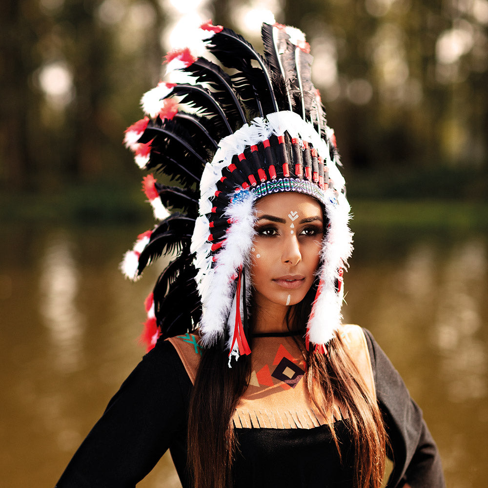 Coiffe Amérindienne Luxe - Plumes Rouges Blanches Noires