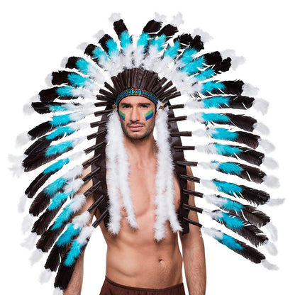 Coiffe Amérindienne Turquoise & Blanche Plumes Noires