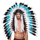 Coiffe Amérindienne Turquoise & Blanche Plumes Noires