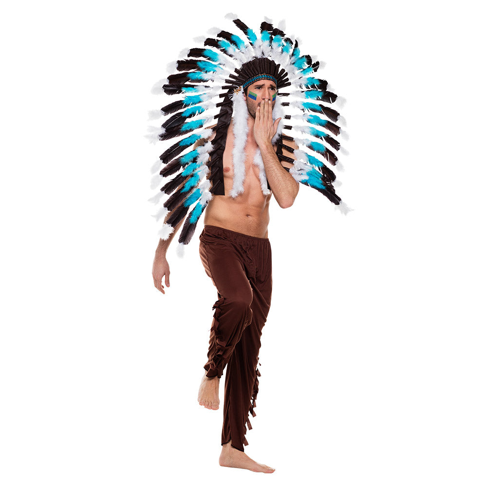 Coiffe Amérindienne Turquoise & Blanche Plumes Noires