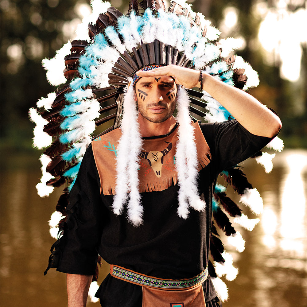Coiffe Amérindienne Turquoise & Blanche Plumes Noires