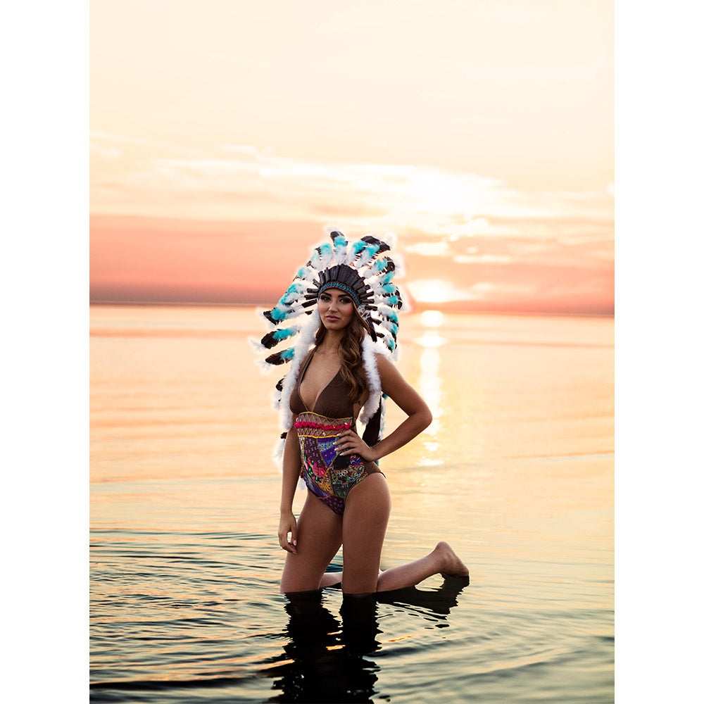 Coiffe Amérindienne Turquoise & Blanche Plumes Noires