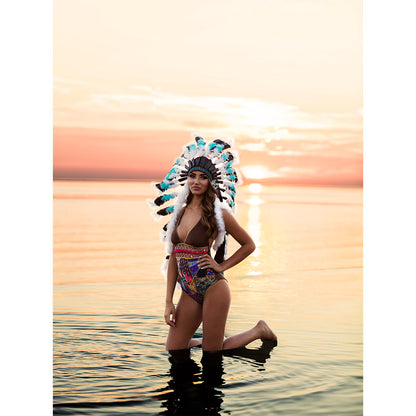 Coiffe Amérindienne Turquoise & Blanche Plumes Noires