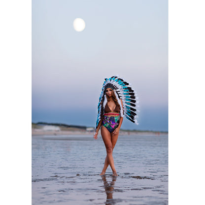 Coiffe Amérindienne Turquoise & Blanche Plumes Noires