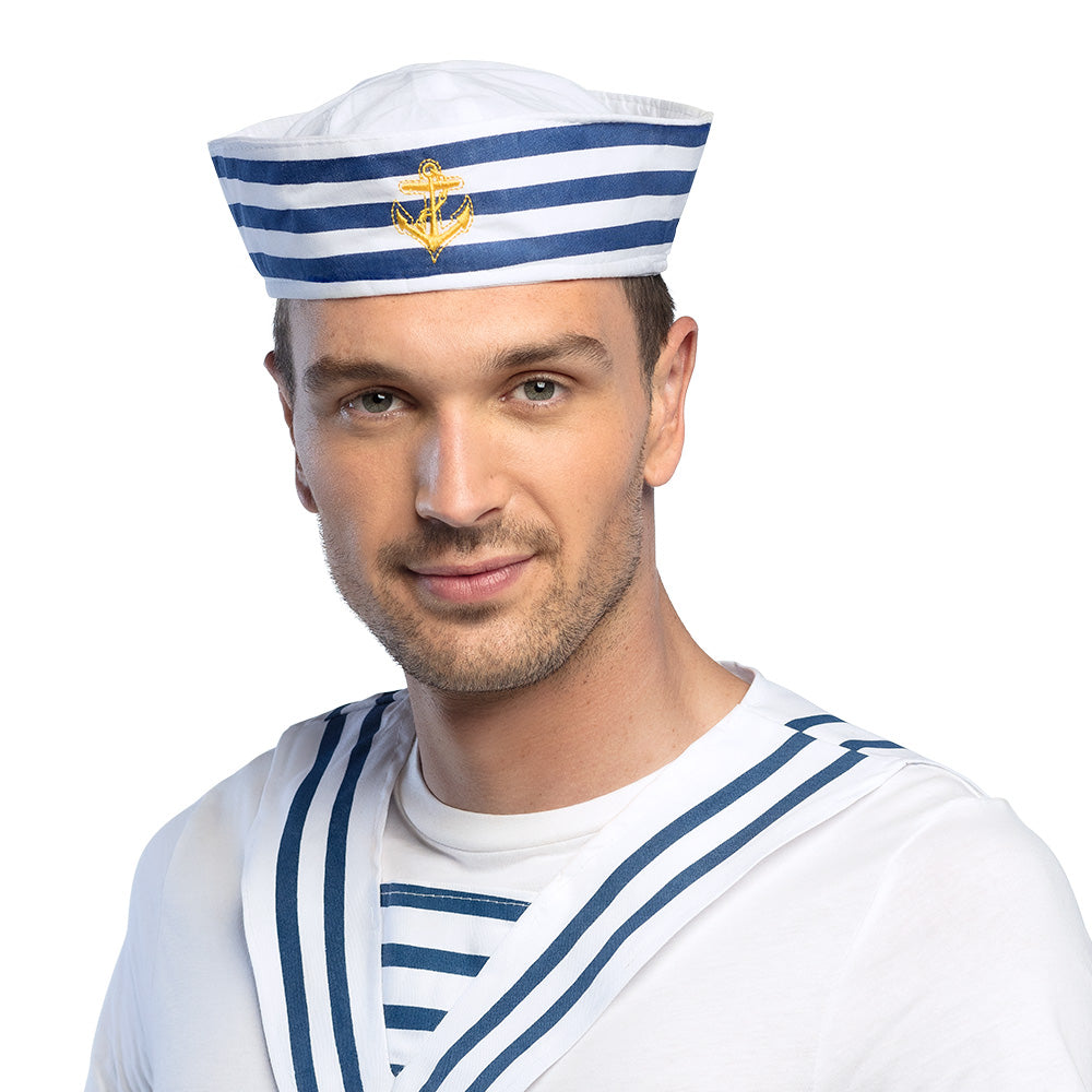 Chapeau Marin Rayé Bleu et Blanc avec Ancre Dorée