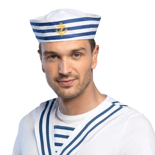 Chapeau Marin Rayé Bleu et Blanc avec Ancre Dorée