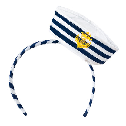 Serre-tête marin blanc et bleu avec ancre dorée