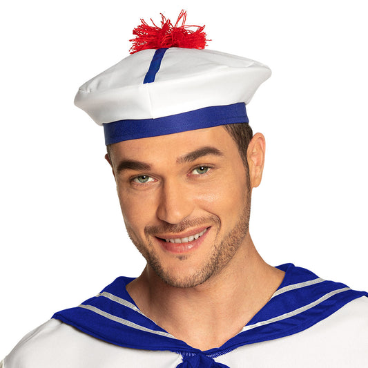 Béret Marin Blanc et Bleu avec Pompon Rouge - Accessoire