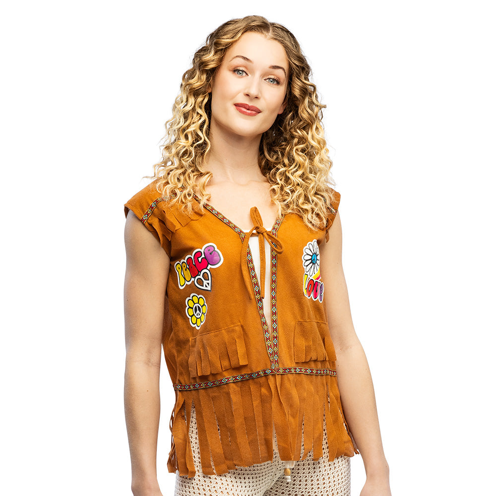 Gilet Hippie Peace & Love Marron Frangé - Déguisement Années 70