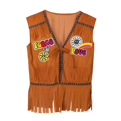 Gilet Hippie Peace & Love Marron Frangé - Déguisement Années 70