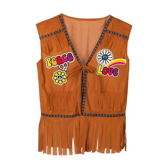 Gilet Hippie Peace & Love Marron Frangé - Déguisement Années 70