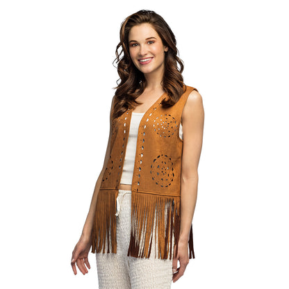 Gilet Frangé Suède Perforé Marron - Accessoire Boho Chic