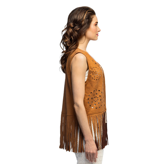 Gilet Frangé Suède Perforé Marron - Accessoire Boho Chic