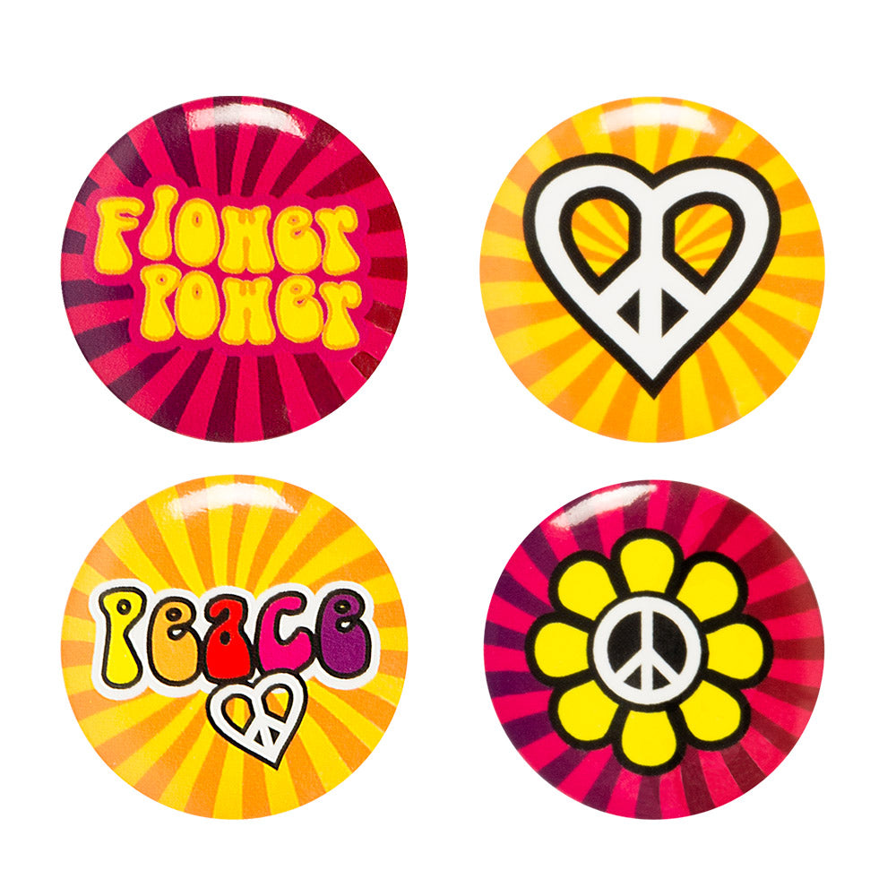 Badges Hippie Flower Power - Set de 4 Pins Peace & Love
