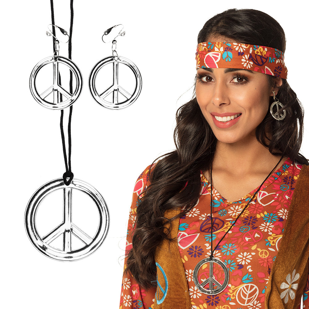 Boucles d'oreilles Peace & Love hippie avec chaîne noire