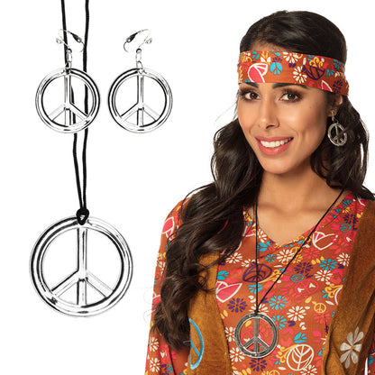 Boucles d'oreilles Peace & Love hippie avec chaîne noire