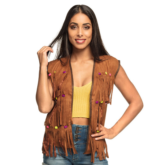 Gilet Frangé Hippie Marron avec Perles Colorées