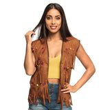 Gilet Frangé Hippie Marron avec Perles Colorées