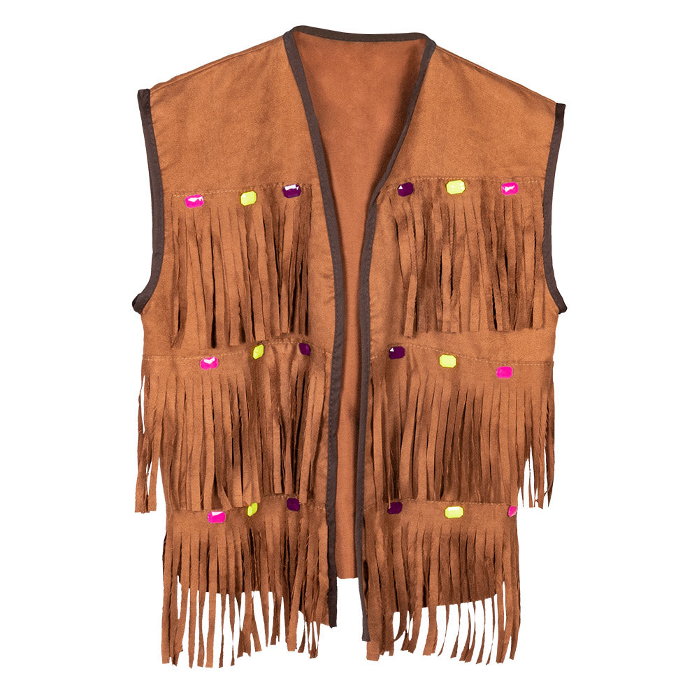 Gilet Frangé Hippie Marron avec Perles Colorées