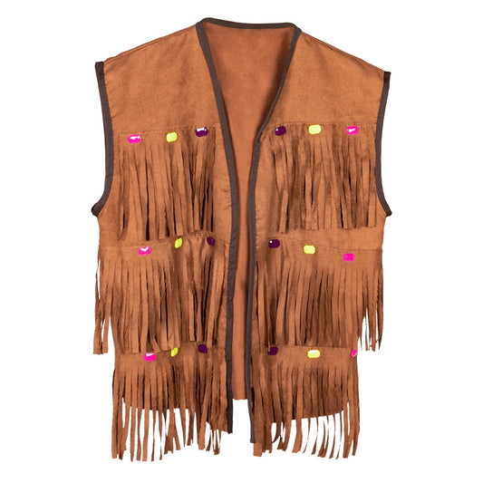 Gilet Frangé Hippie Marron avec Perles Colorées