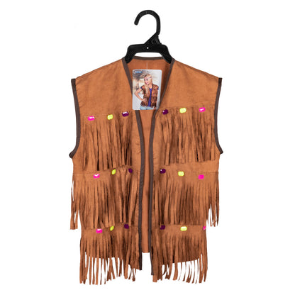 Gilet Frangé Hippie Marron avec Perles Colorées
