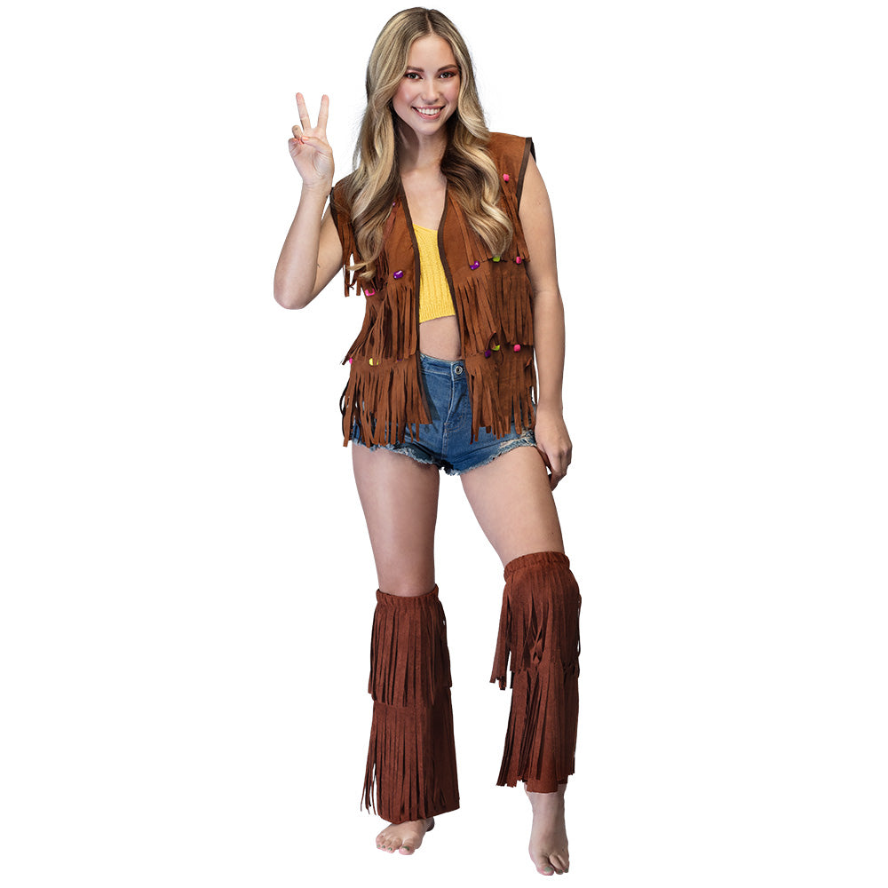 Gilet Frangé Hippie Marron avec Perles Colorées