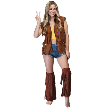 Gilet Frangé Hippie Marron avec Perles Colorées