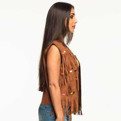 Gilet Frangé Hippie Marron avec Perles Colorées