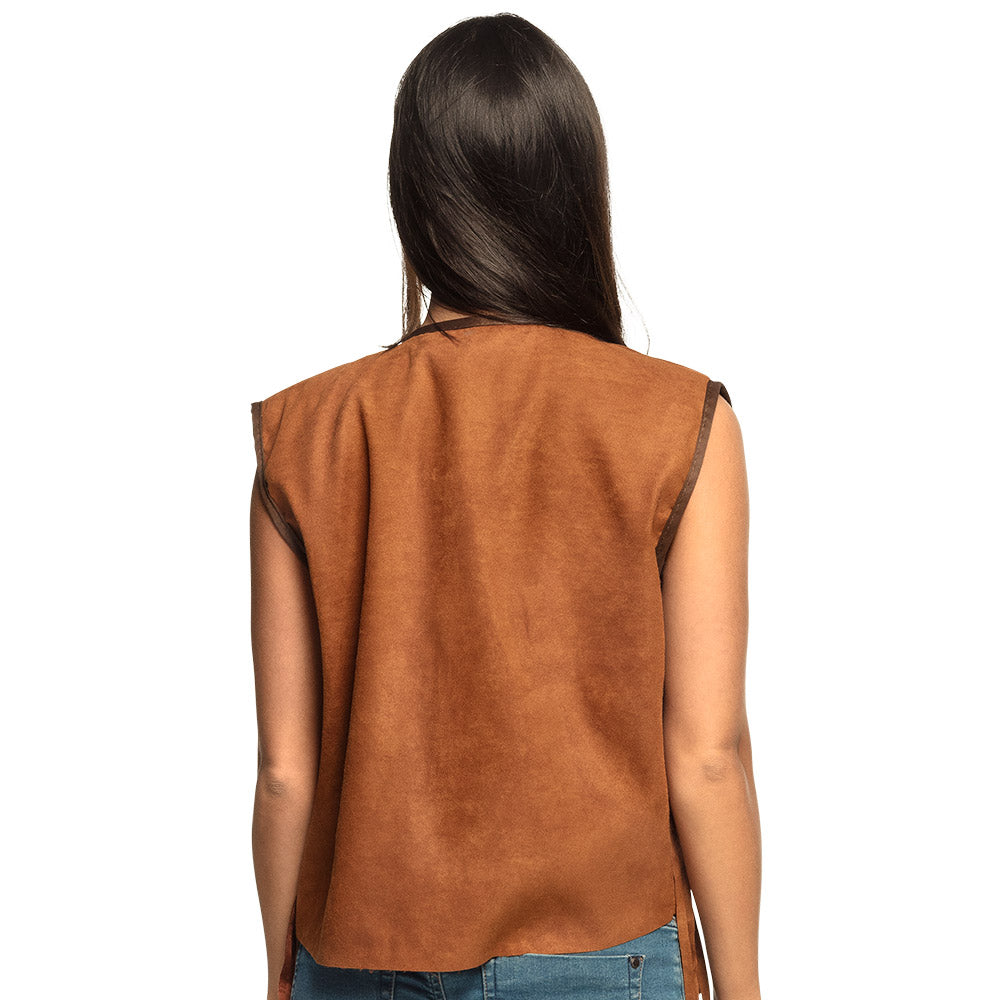 Gilet Frangé Hippie Marron avec Perles Colorées