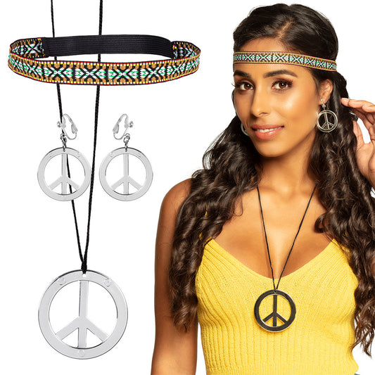 Kit Hippie Années 70 - Bandeau, Collier et Boucles d'Oreilles Paix