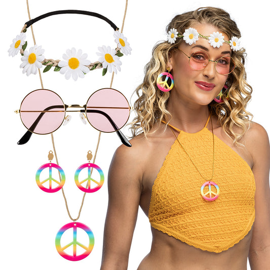 Accessoires Hippie Années 70 - Lunettes Roses, Couronne Fleurs et Colliers Peace