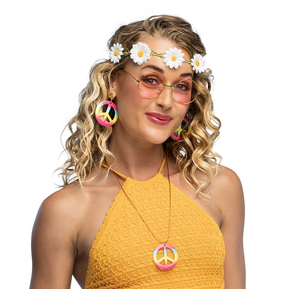 Accessoires Hippie Années 70 - Lunettes Roses, Couronne Fleurs et Colliers Peace