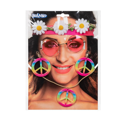 Accessoires Hippie Années 70 - Lunettes Roses, Couronne Fleurs et Colliers Peace