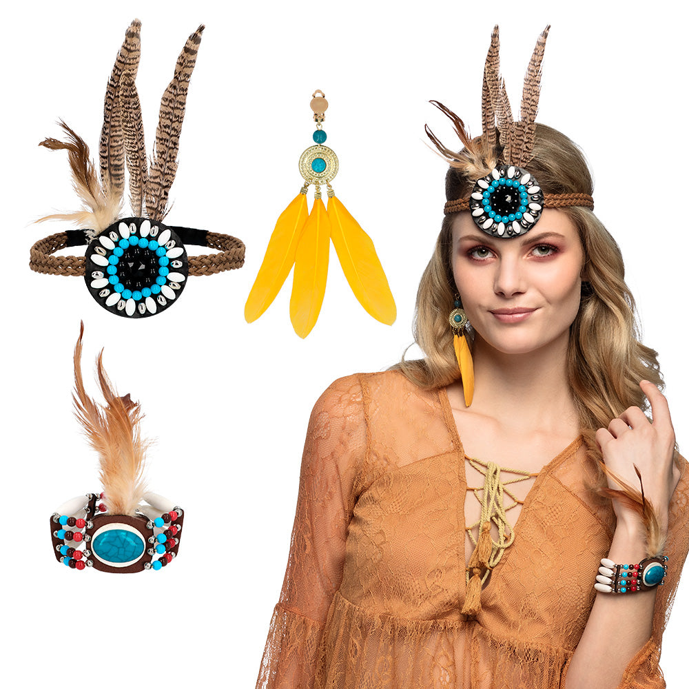 Set Complet Indienne Apache : Bandeau Plumes, Bracelet et Boucles d'Oreilles
