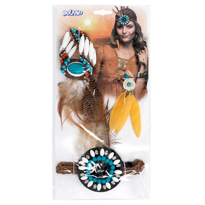 Set Complet Indienne Apache : Bandeau Plumes, Bracelet et Boucles d'Oreilles