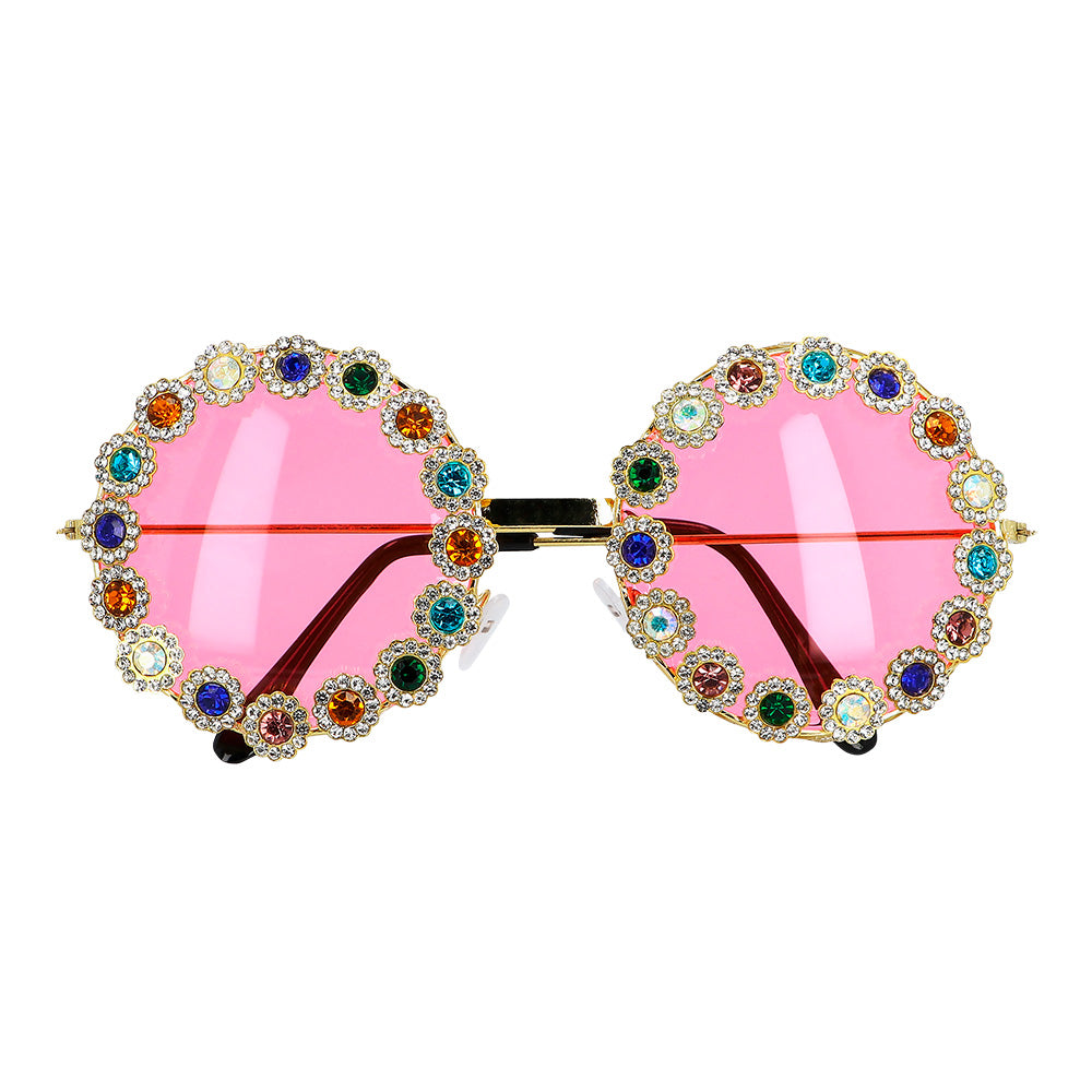 Lunettes Strass Rondes Rose Fluo - Accessoire Fête Disco