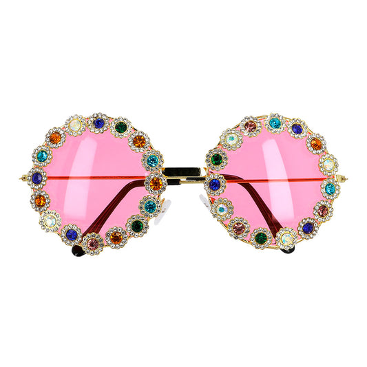 Lunettes Strass Rondes Rose Fluo - Accessoire Fête Disco