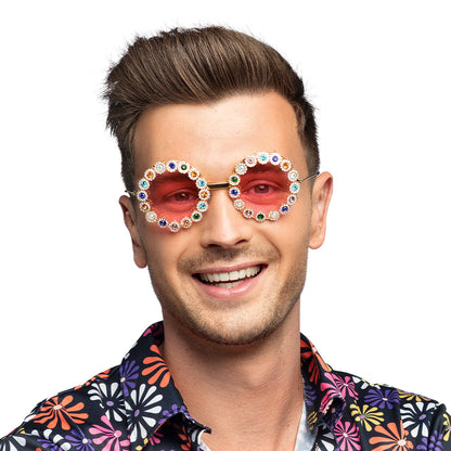 Lunettes Strass Rondes Rose Fluo - Accessoire Fête Disco