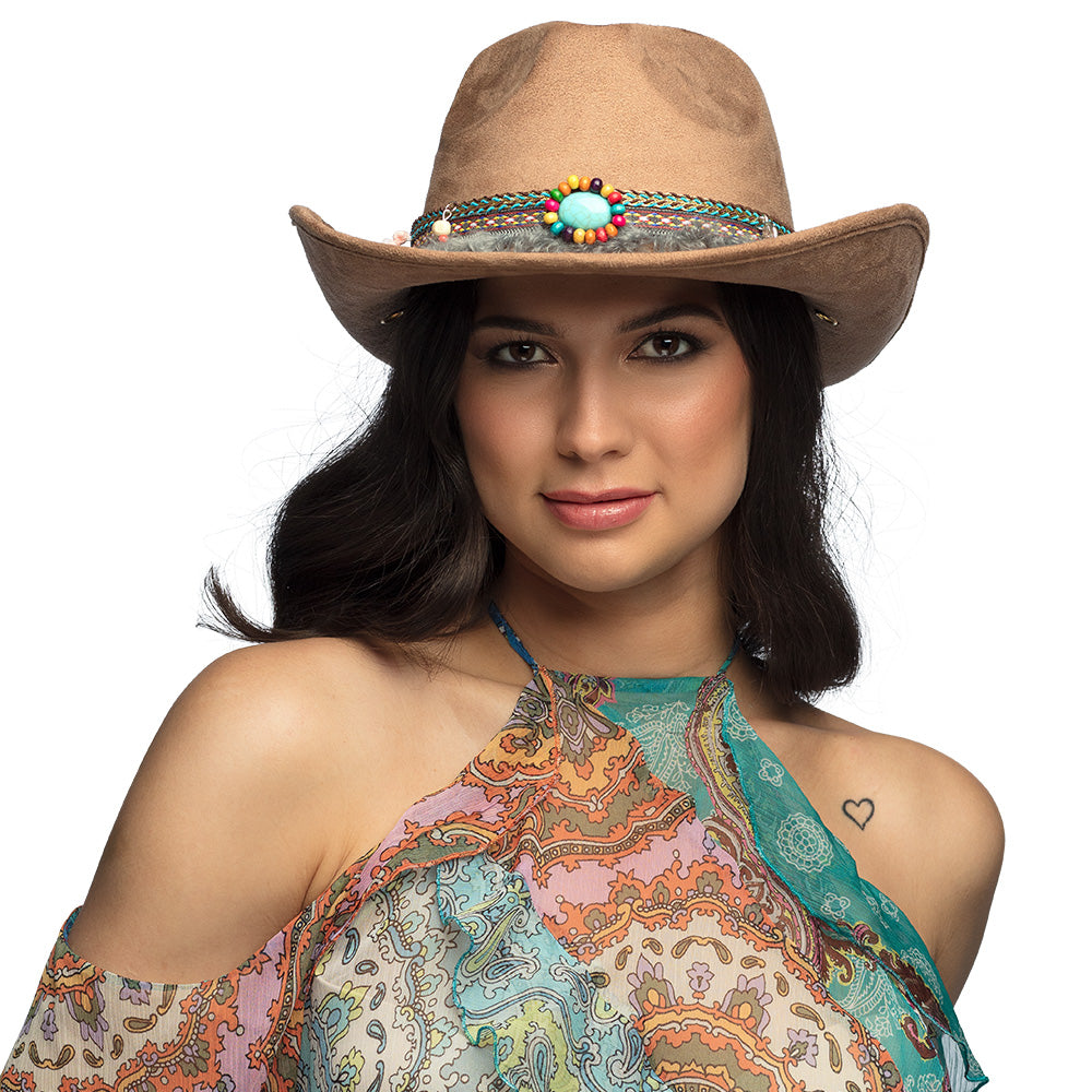 Chapeau Cowboy Marron avec Bandeau Perles et Franges Boho