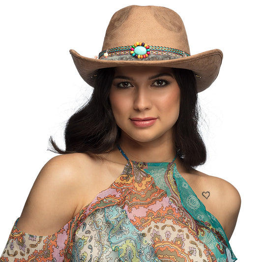 Chapeau Cowboy Marron avec Bandeau Perles et Franges Boho