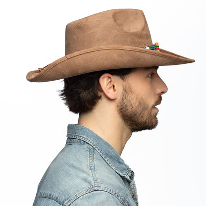 Chapeau Cowboy Marron avec Bandeau Perles et Franges Boho