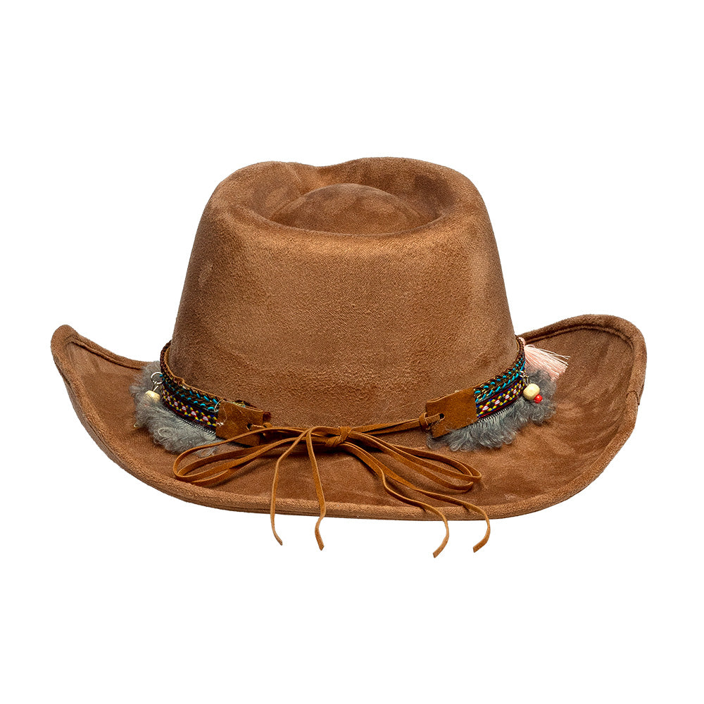 Chapeau Cowboy Marron avec Bandeau Perles et Franges Boho