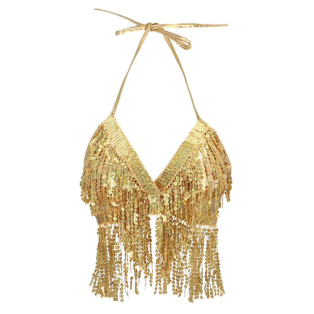 Top Paillettes Franges Or - Cabaret & Disco Années 70