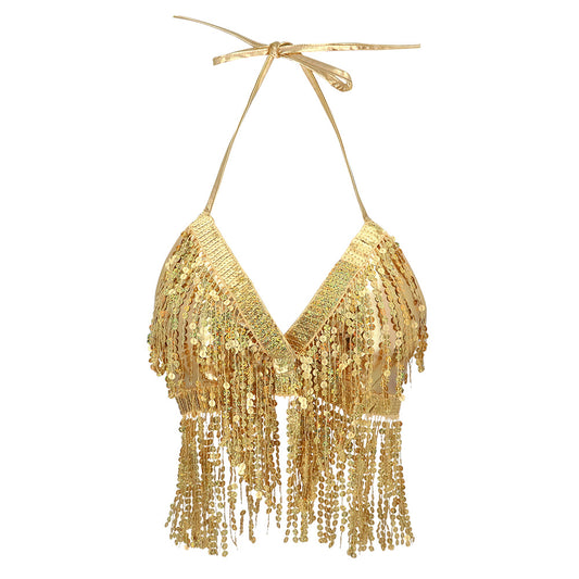 Top Paillettes Franges Or - Cabaret & Disco Années 70
