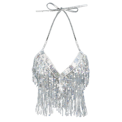 Top à Franges Paillettes Argentées - Disco et Soirée Festive