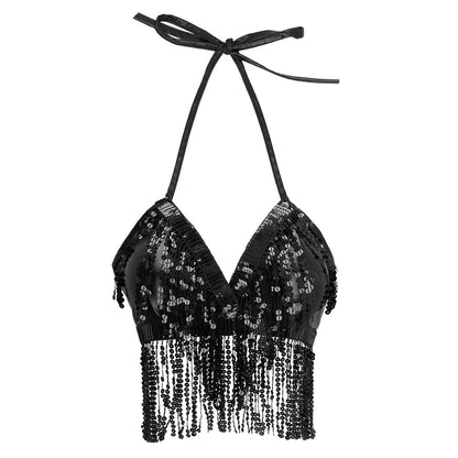 Top Paillettes Noir Frangé - Déguisement Cabaret Sexy