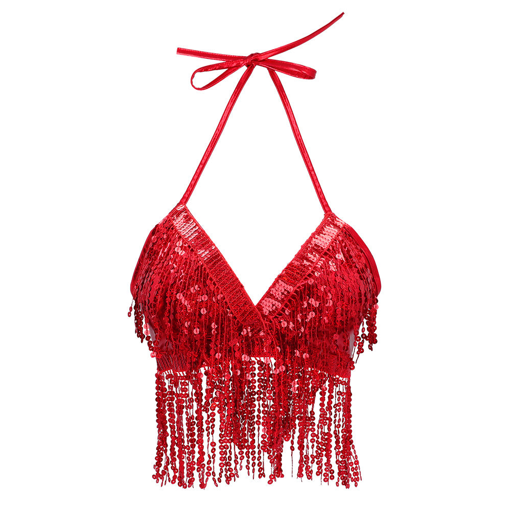 Top Pailleté Rouge Frangé Sexy - Déguisement Cabaret