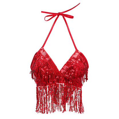 Top Pailleté Rouge Frangé Sexy - Déguisement Cabaret